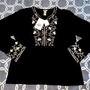 J. Jill Navy Black Embroidered Top L NWOT